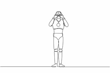 Single continuous line drawing robot closes his eyes with hands because of disgust and reluctance to see something. Robotic artificial intelligence. One line draw graphic design vector illustration