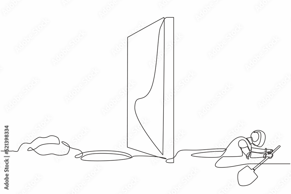 Poster continuous one line drawing robot digging tunnel under wall or obstacle on border or on path to succ