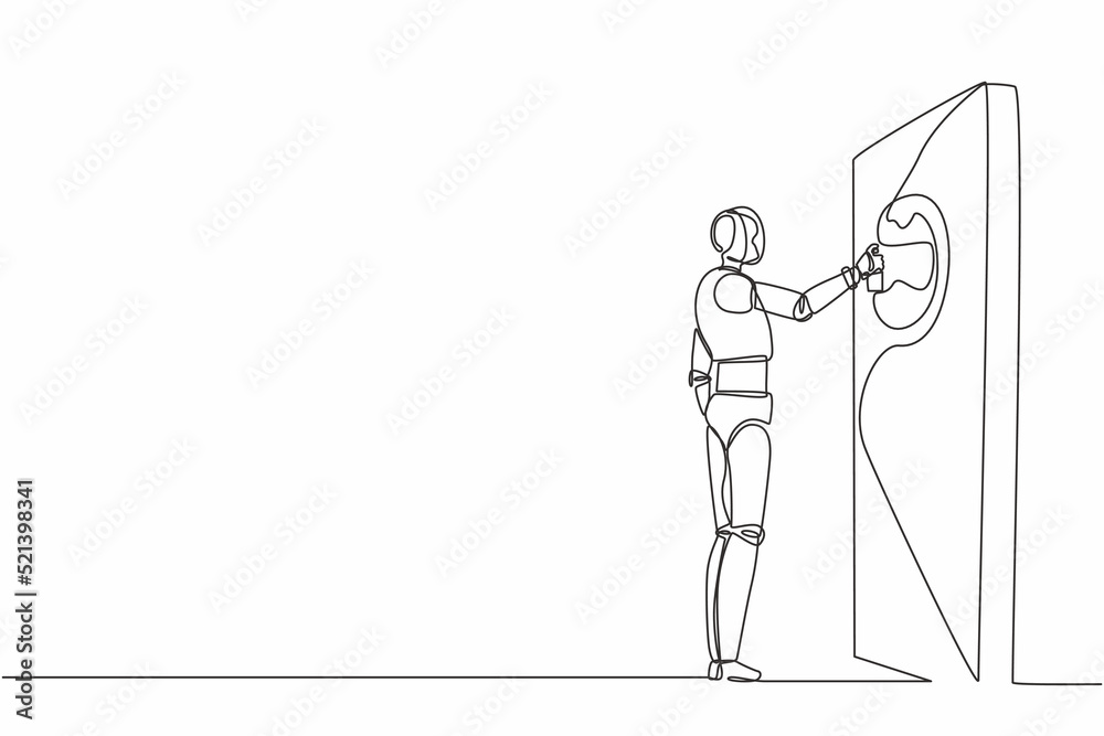 Poster single one line drawing robot is painting abstract picture on the wall. future technology developmen
