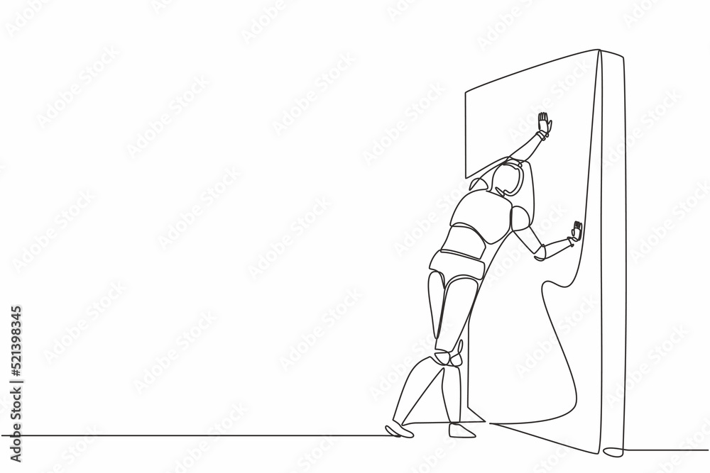 Poster continuous one line drawing robot pushing wall. challenge and problem solution. humanoid robot cyber