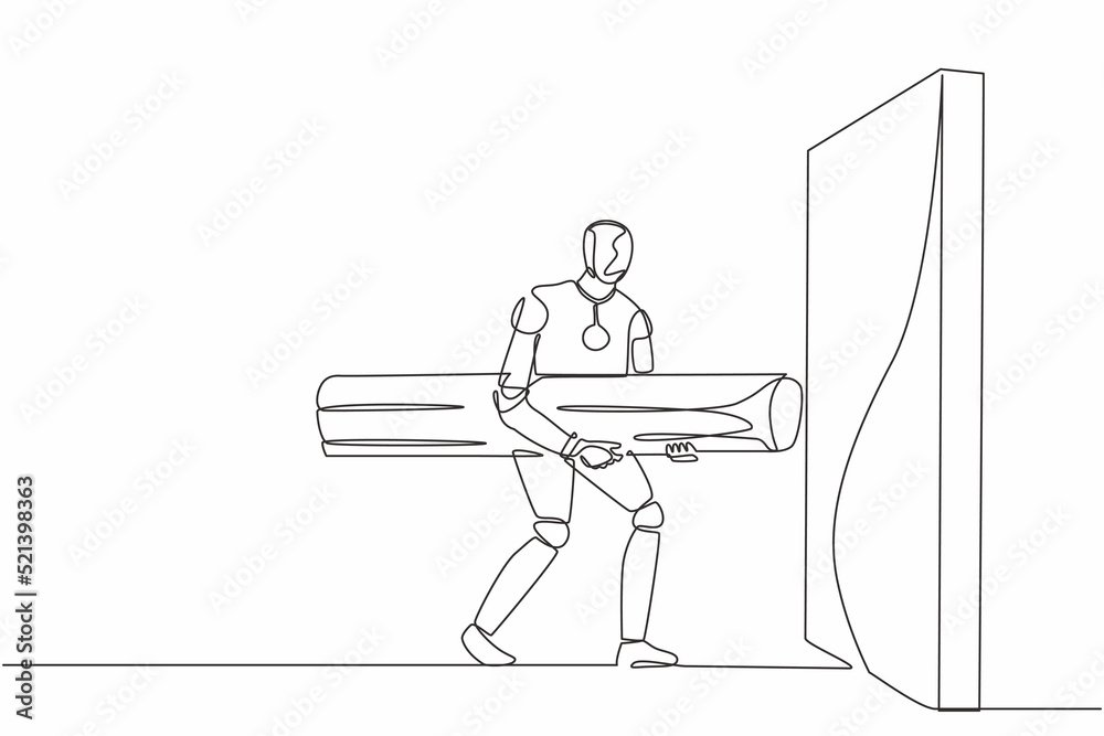 Poster single one line drawing robot holding large log to destroying wall. future technology development. a