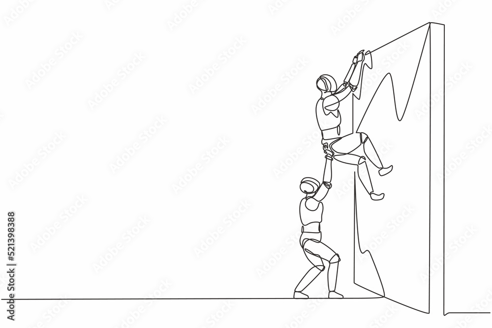 Poster single continuous line drawing robot helping another robot climb wall. modern robotic artificial int