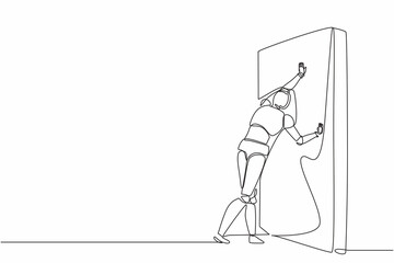 Continuous one line drawing robot pushing wall. Challenge and problem solution. Humanoid robot cybernetic organism. Future robotics development. Single line draw design vector graphic illustration