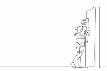 Single continuous line drawing robot standing and lean against wall, thinking something. Robotic artificial intelligence technology. Electronic technology. One line graphic design vector illustration