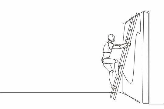 recommend clip art: Single continuous line drawing robot climbing up the wall with ladder. Business obstacle metaphor. Robotic artificial intelligence. Electronic technology. One line graphic design vector illustration