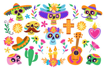 Naklejka premium Mexican Dia de los Muertos cliparts. Colorful background with 24 cliparts to celebrate the Mexican Day of the Dead. Isolated elements, perfect for sticker designs, online posts, party events.