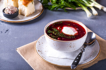 Beetroot soup borsch with sour cream. Traditional food. Copy space
