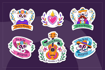 Mexican Dia de los Muertos stickers. 6 stickers with traditional Mexican elements to celebrate the Day of the Dead. Isolated elements, perfect for sticker designs, online posts, party events. Set 3/3.