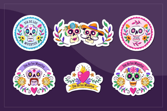 Mexican Dia de los Muertos stickers. 6 stickers with traditional Mexican elements to celebrate the Day of the Dead. Isolated elements, perfect for sticker designs, online posts, party events. Set 2-3.