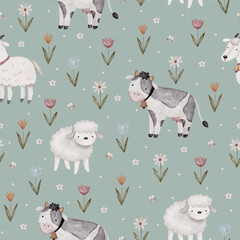 Watercolor seamless pattern with farm animals and flowers on green background.