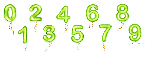 Set of foil green balloons shape of numbers from 0 to 9 with golden ribbons