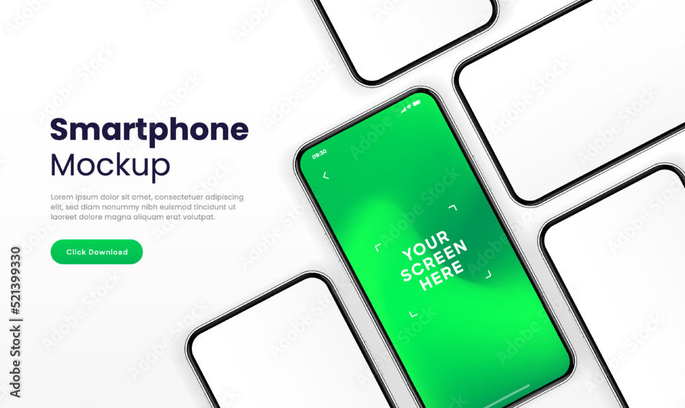 Fototapete 3D realistic high quality smartphone mockup isolated with white blank screen. Smart phone mockup collection. Device front view. 3D mobile phone with shadow on white background.