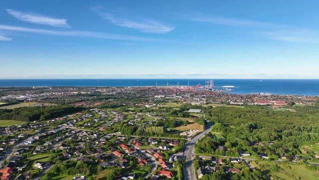 On a sunny evening, a panoramic view of Frederikshavn, Denmark.
