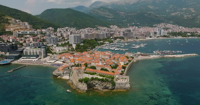 aerial view from the sea of old town budva