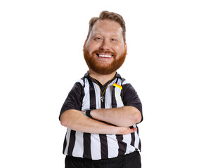 Happy referee. Funny man with a caricature face isolated over white background. Cartoon style...