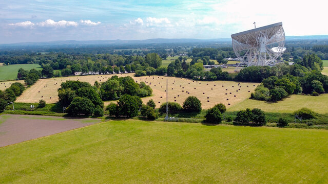 Aerial view of Jodrell Bank Radio Telescope in Cheshire, England