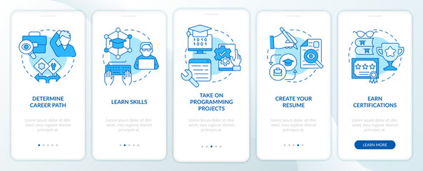 Steps to become software engineer blue onboarding mobile app screen. Walkthrough 5 steps editable graphic instructions with linear concepts. UI, UX, GUI template. Myriad Pro-Bold, Regular fonts used