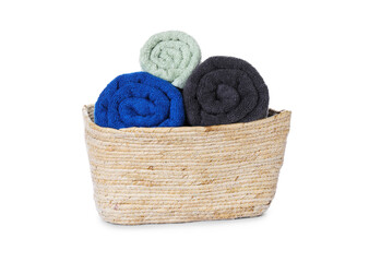 Fototapeta na wymiar Fresh clean towels in wicker basket on white background