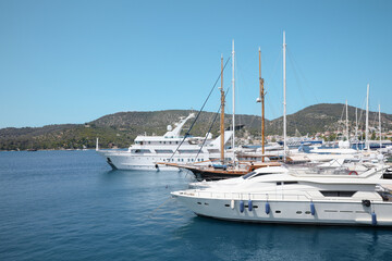 Fototapeta premium Beautiful view of different boats in sea near shore on sunny day