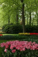 Plakat Park with variety of beautiful tulip flowers. Spring season