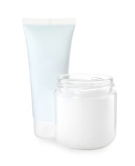 Jar and tube of hand cream on white background