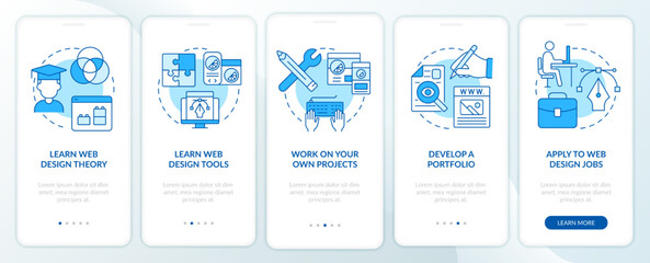 Becoming web designer blue onboarding mobile app screen. Walkthrough 5 steps editable graphic instructions with linear concepts. UI, UX, GUI template. Myriad Pro-Bold, Regular fonts used