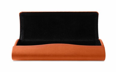 Open brown leather glasses case isolated on white