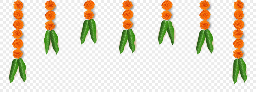 Marigold flowers Mango leaves Hanging decoration isolated for Hindu Festivals Diwali. Realistic Traditional household décor with shadow for auspicious occasions. Graphic resource vector illustration