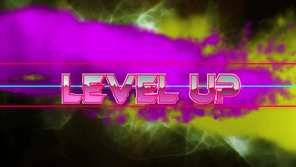 Animation of pink level up text with colorful smokes against abstract background - Powered by Adobe