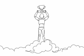 Single one line drawing robot holding trophy in cloud. Celebrates victory in sky. Future technology development. Artificial intelligence machine learning. Continuous line design vector illustration