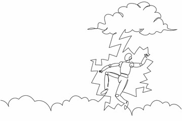Single continuous line drawing robot struck by lightning from dark cloud. Bad luck, misery, disaster. Robotic artificial intelligence. Technology industry. One line graphic design vector illustration