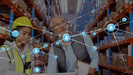 Animation of profile icons connecting dots, multiracial supervisor, colleague at warehouse - Powered by Adobe