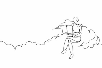 Single one line drawing robot sitting on cloud reading book. Study literature. Future technology development. Artificial intelligence machine learning. Continuous line draw design vector illustration