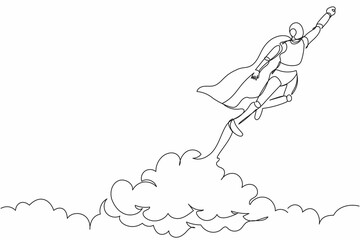 Continuous one line drawing super robot in cloak flying up to cloud sky. Startup business idea. Humanoid robot cybernetic organism. Future robotic development. Single line design vector illustration