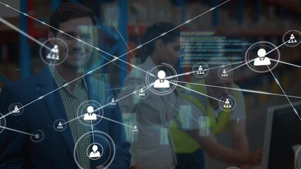 Animation of profile icons connecting dots, caucasian manager with colleagues at warehouse - Powered by Adobe
