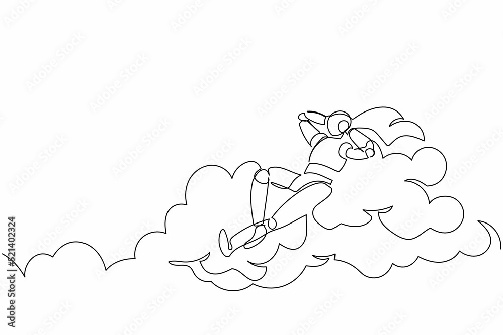 Poster single one line drawing happy robot relaxing laying on clouds. future technology development. artifi