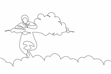 Single one line drawing Arab businesswoman hang in the clouds. Looking for business opportunity, financial freedom, planning new office project. Continuous line draw design graphic vector illustration