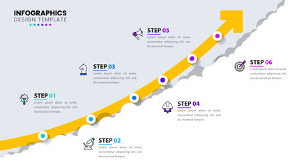 Infographic template. Yellow arrow with 6 steps