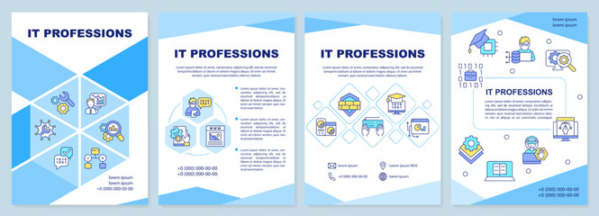 IT professions brochure template. Development and programming. Leaflet design with linear icons. Editable 4 vector layouts for presentation, annual reports. Arial-Black, Myriad Pro-Regular fonts used