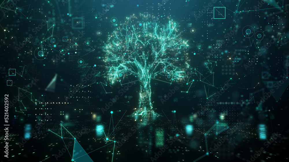 Poster digital tree. digital gpu. information flow. processing information. ai network technology or green 