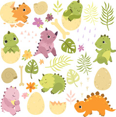 Vector set of dinosaurs. Cute baby dinosaurs, kids clipart, Little dinos. Baby shower, skeletons, dinosaur bones and eggs. Exotic palm leaves. © Lesya