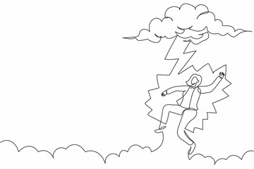 Single continuous line drawing unlucky businesswoman struck by lightning or thunder from cloud. Feel bad luck in business. Misery, disaster, risk, danger. One line graphic design vector illustration