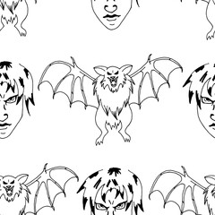 Vector illustration of a halloween background with angry vampire man and bat drawing black color on white paper. Halloween concept. Wrapping paper on halloween.