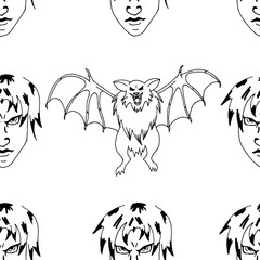 Vector illustration of a halloween background with angry vampire man and bat drawing black color on white paper. Halloween concept. Wrapping paper on halloween.