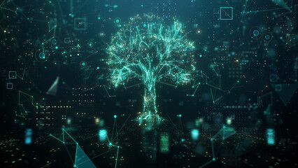 Digital Tree. Digital GPU. Information flow. Processing information. AI network technology or Green and Renewable energy concept. 3d rendering