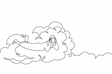 Single one line drawing Arab businessman lay on clouds and dreaming or thinking about new business project. Relaxes and resting worker concept. Continuous line draw design graphic vector illustration