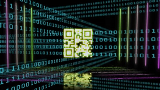 Animation of yellow qr code and neon lights over binary data processing on black background