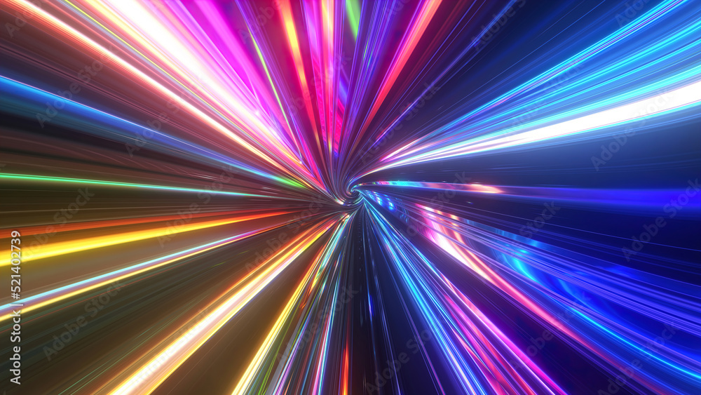 Poster abstract tunnel of a multicolor spectrum background. bright rays of neon light and colorful glowing 