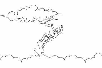 Single continuous line drawing unlucky businesswoman falling from sky. Failure and defeat. Employee dismissal, bankruptcy. Financial crisis, losing job. One line graphic design vector illustration