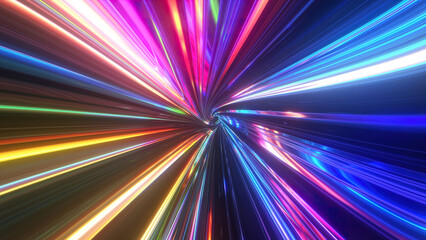 Fototapeta premium Abstract tunnel of a multicolor spectrum background. Bright rays of neon light and colorful glowing lines moving speed through the dark. 3d render